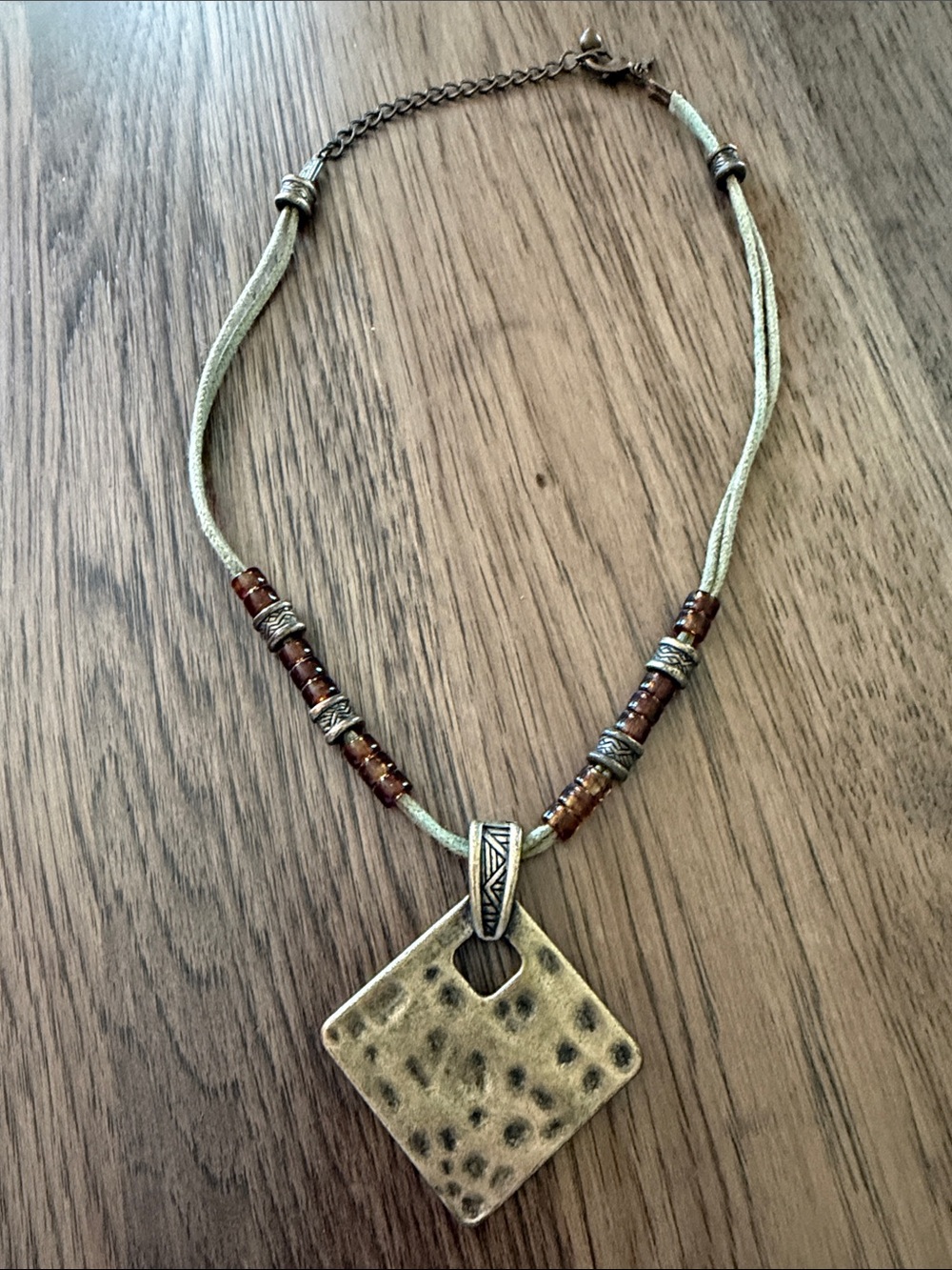 Premier Designs Corded Necklace Hammered Metal Brass Tone Square Pendant